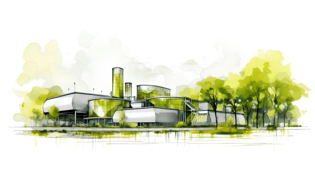 Illustrative representation of a bio energy plant project. The design of a sustainable energy facility, emphasizing on renewable resources and reducing environmental impact. Generative AI