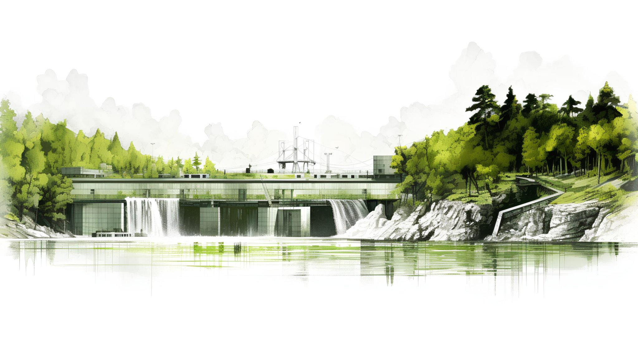 This concept illustrates a project for a hydroelectric dam. The dam, which uses the power of water to generate electricity, plays a vital role in sustainable energy production. Generative AI