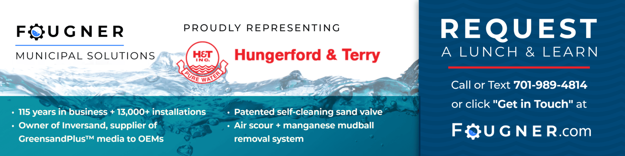 A banner for Fougner Municipal Solutions representing Hungerford & Terry and inviting requests for a lunch and learn.